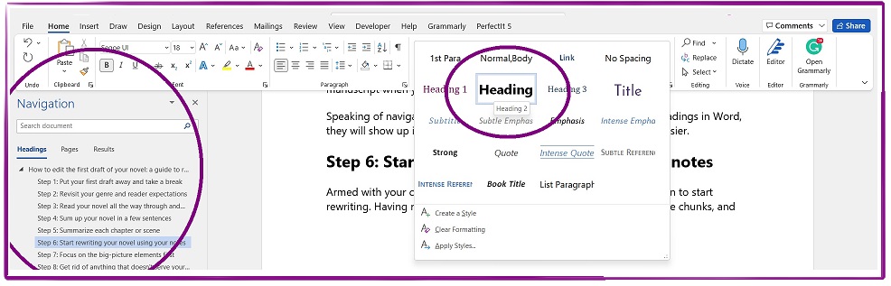 Screenshot of heading styles and navigation pane in Word.