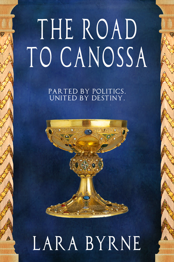 The Road to Canossa by Lara Byrne book cover with golden chalice on navy blue
